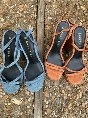 Gianni Bini Denim Blue and Tan Suede Block Heel Sandals
